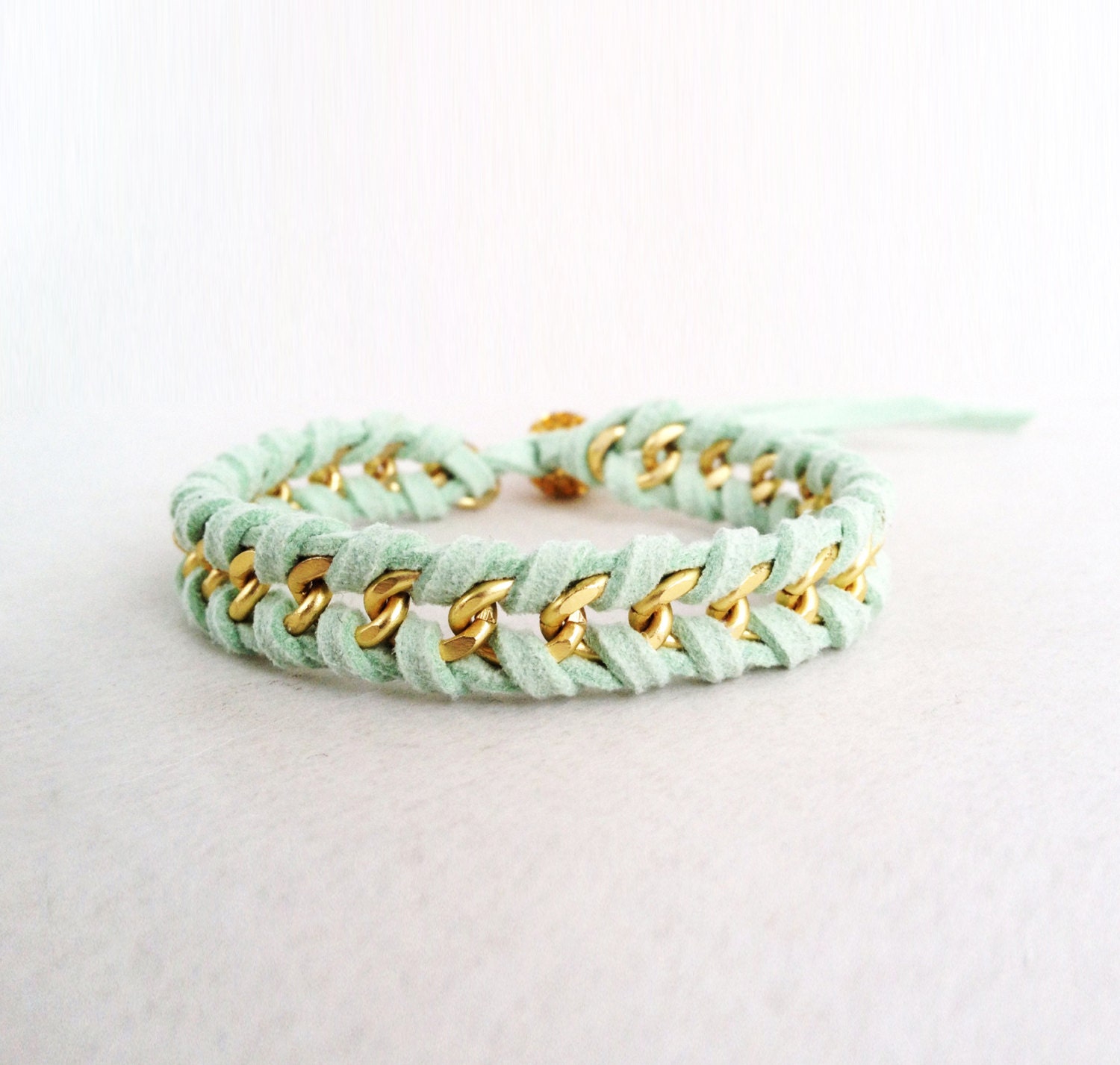 Suede and Chain Woven Arm Candy Bracelet - Chevron Woven Style on Matte Gold Chain