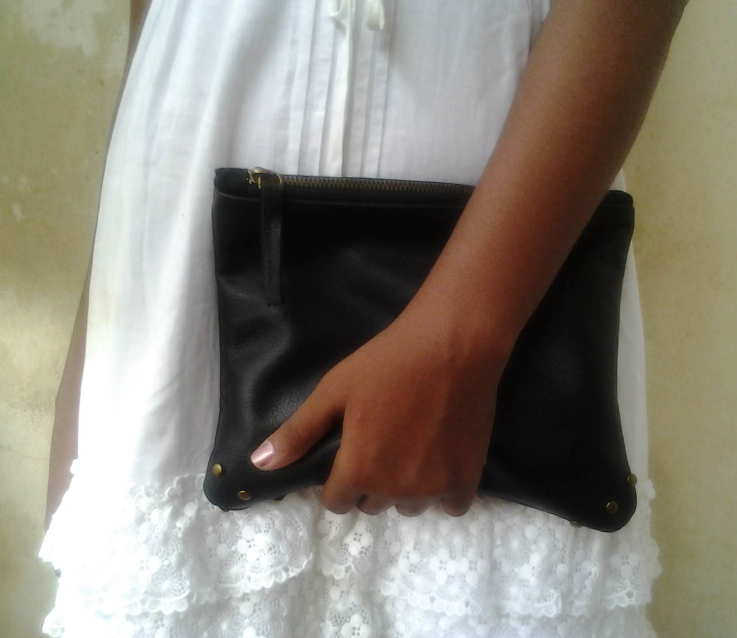 LEATHER EVERYDAY studded clutch in BLACK, black purse/clutch/makeup Bag