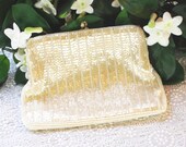 Vintage White Clutch Purse, Beaded Handbag, Atlas Glass Bag, Seed Pearls, Designer KOREA, 1950s 1960s Mad Men Accessory