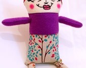 Retro Print Plush Doll with Pink Hair and Purple / Turquoise Body (felt and cotton print  fabric)