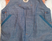 Boys Baby Infant Toddler 2 Piece Set (Overall Shorts, Shirt) - Handmade TeddyBear Face - Blue Denim, Orange, White - Size 18 months