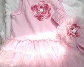 Girls Baby Infant Pink  2 Piece Set (Bodysuit Tutu, Headband) - Handmade Irish Roses - Size 3-6  months