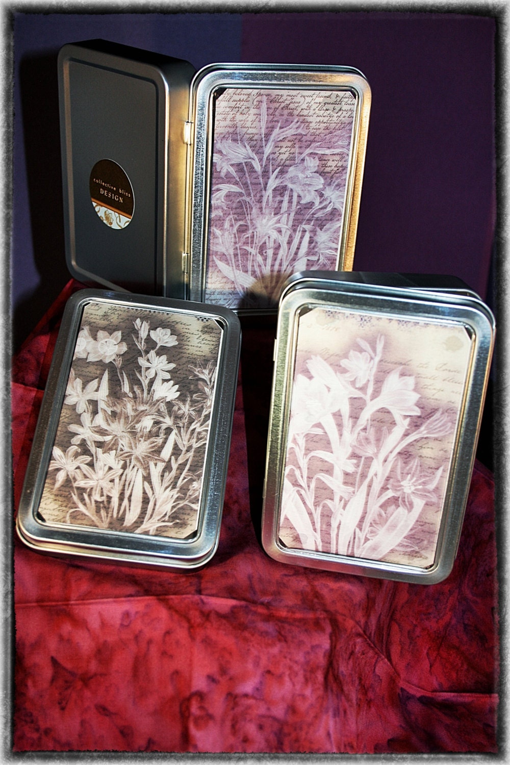 Set of Three (3) Handmade Infrared Floral Storage Tins / Trinket Boxes