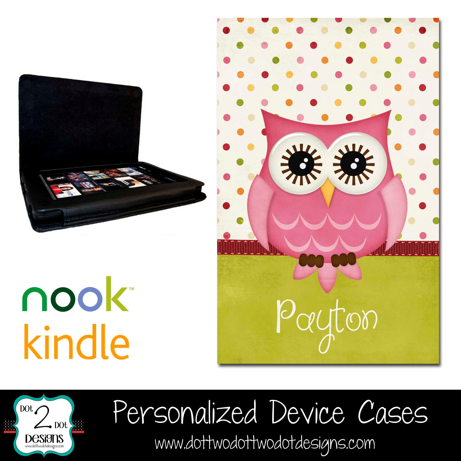 Kindle Fire and Nook HD Leather / Faux Suede Cover / Case - Notebook Style - Pink Owl - Personalized Kindle Case - Personalized Nook Case