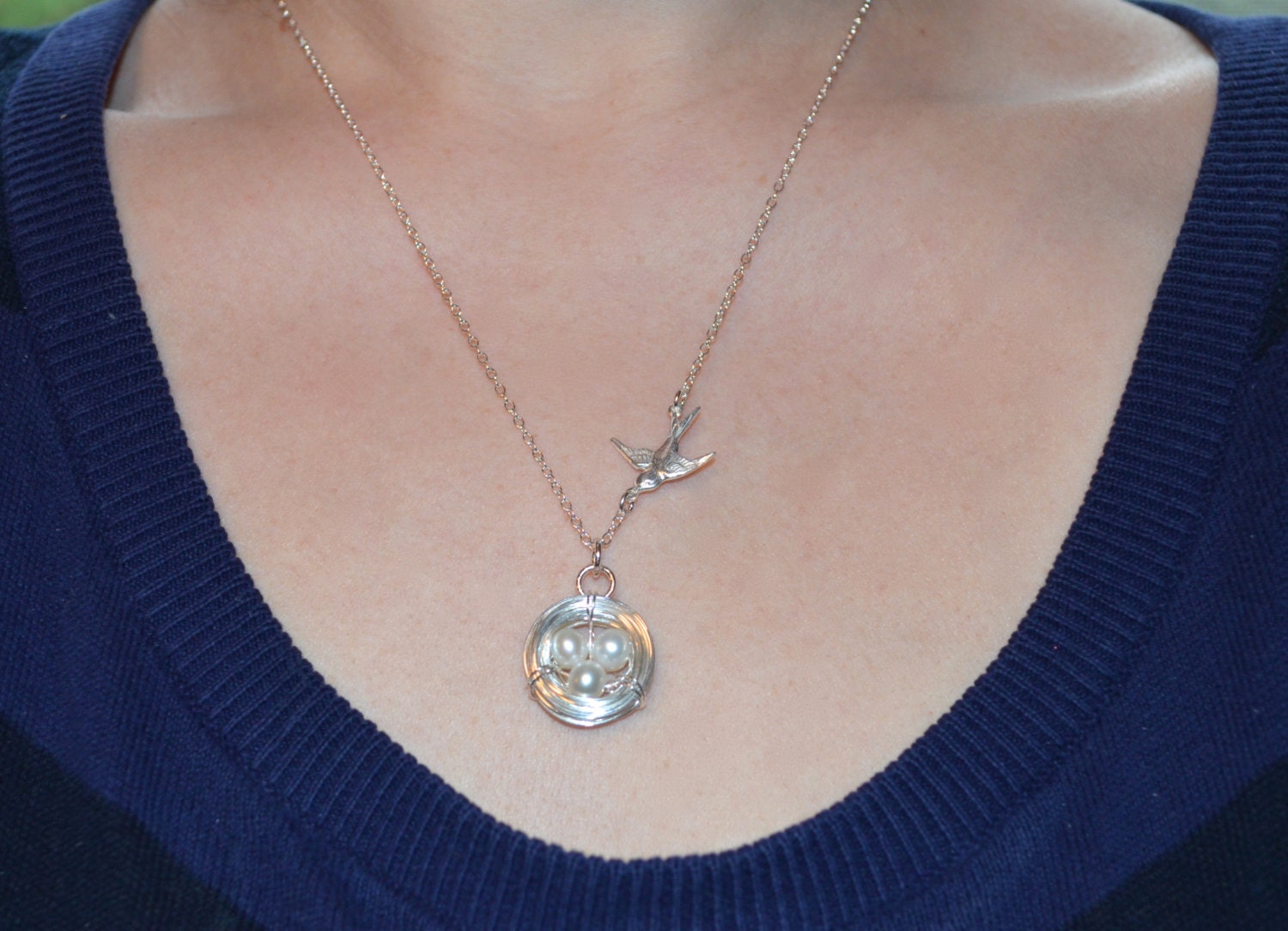 Handmade birds nest necklace Sterling silver necklace Pearl necklace wire wrapped