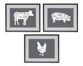 3 A4 Charcoal Butchers Meat Cuts Prints - Butcher Diagram