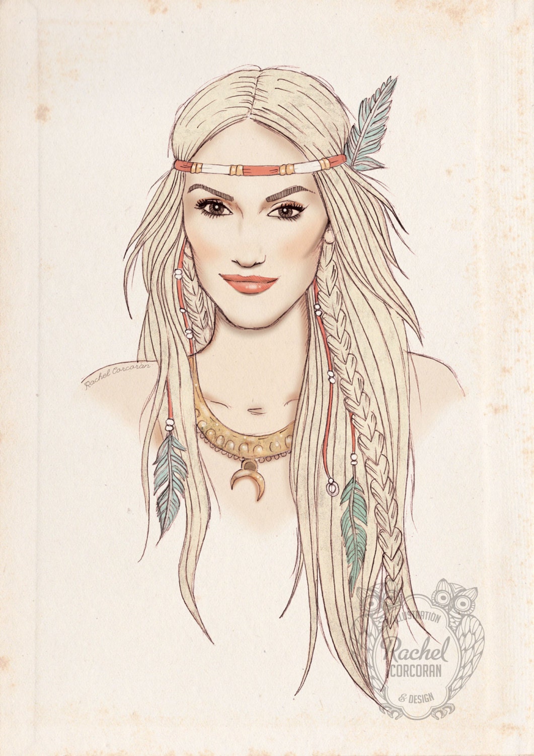 GWEN STEFANI Portrait Poster - Native American - Fashion Illustration - Feather Headdress - Pencil and Digital Print - Red - Pale - Beige