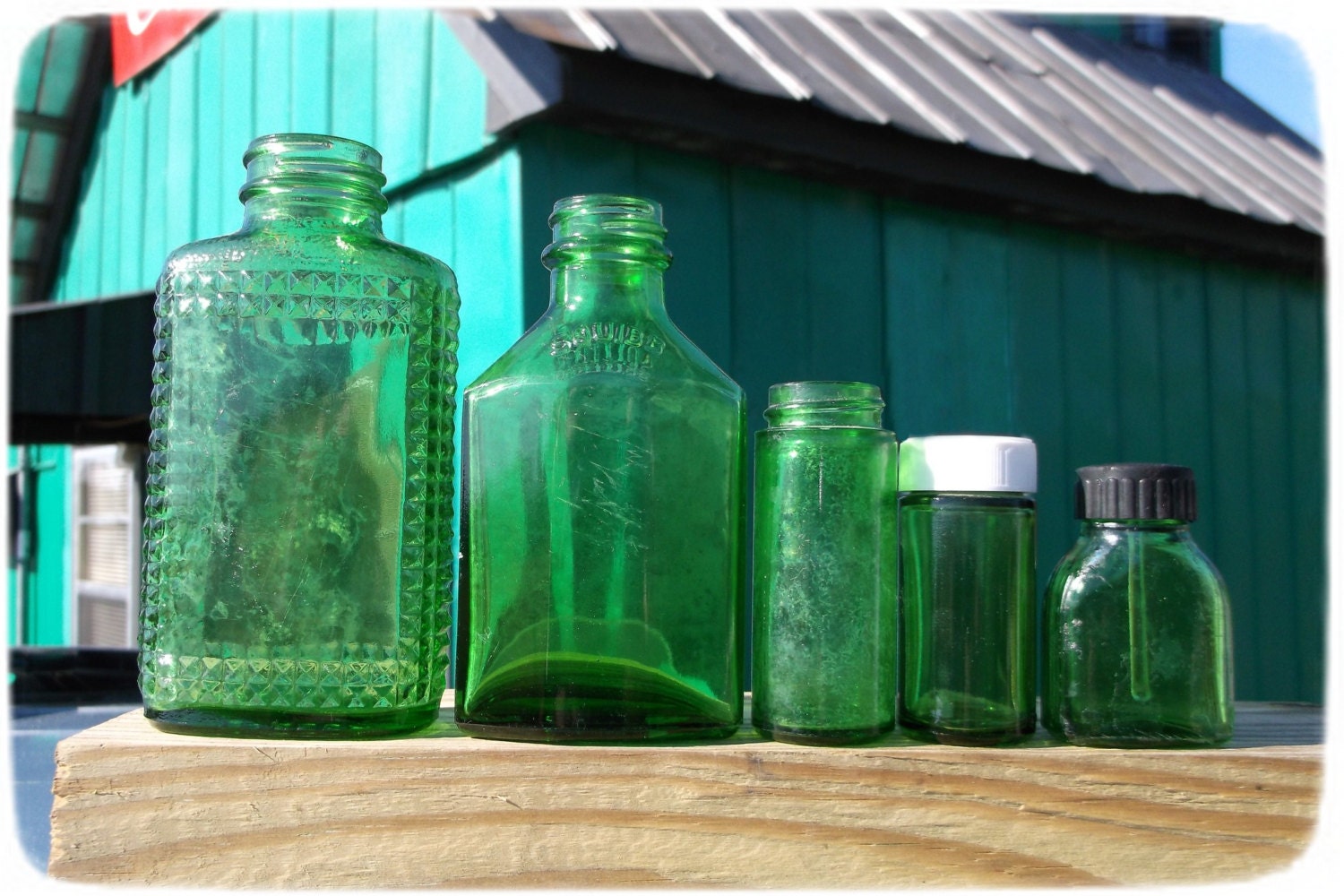 5 Green old glass bottles Instant Collection, 1930s-1950s, collectible, vintage, Shabby Chic, Country, Cottage, Ready to Ship