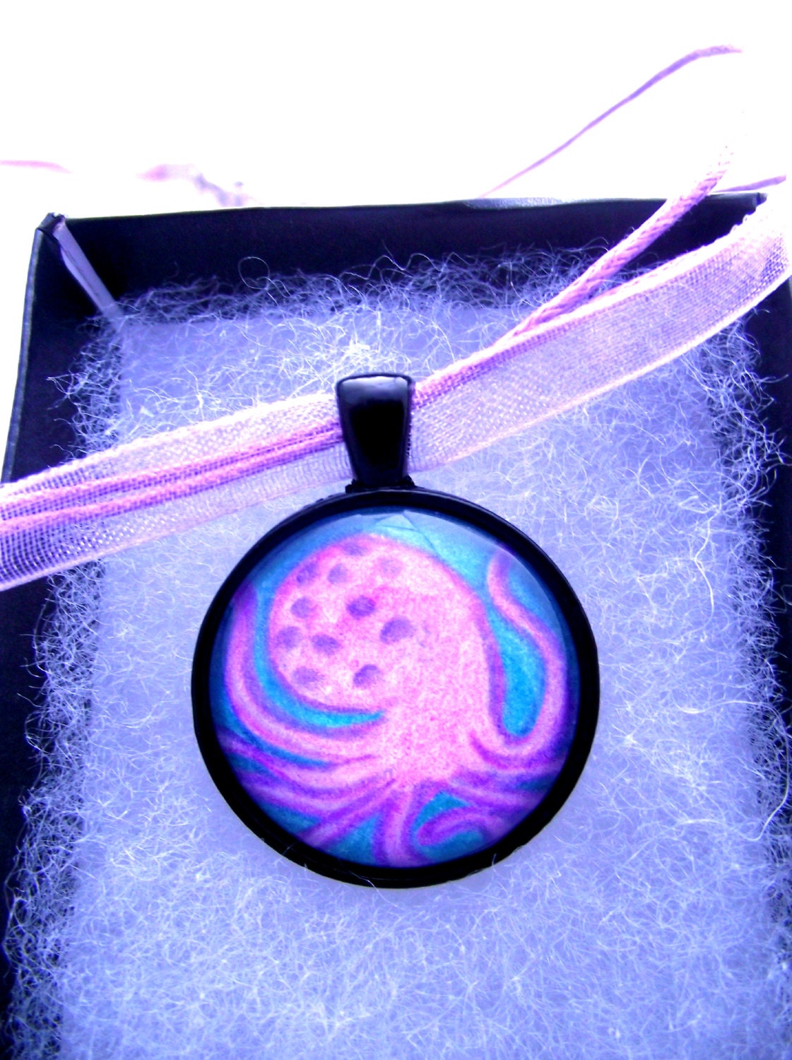 OOAK Polka Dot Octopus Abstract Art - Glass Bezel Pendant Necklace - Drawing Sketch Handmade Jewelry/Ocean Sea Creature/Purple Lavender