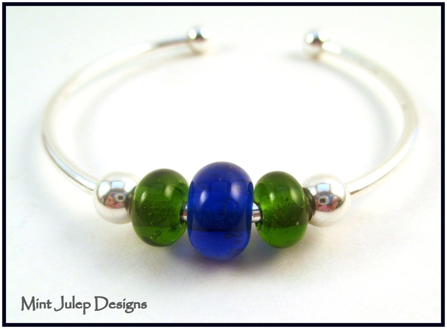 Lampwork Artisan Upcycled Wine Bottle Glass Beads on Silver Plated Beadable Bangle Recycled Glass LETeam