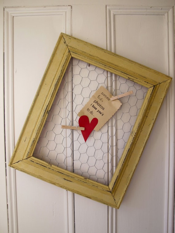 Recycled Frame, Chicken Wire, Wall Organizer, Message Memo Board, Hand Made, Hand Painted, Mustard Seed Yellow