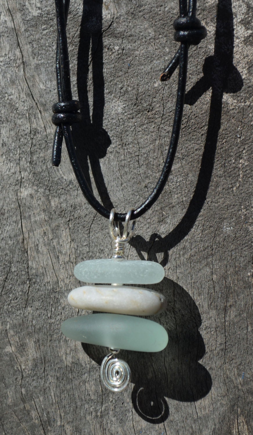 Stacked Seaglass and Beachstone Pendant on Black Leather Cord