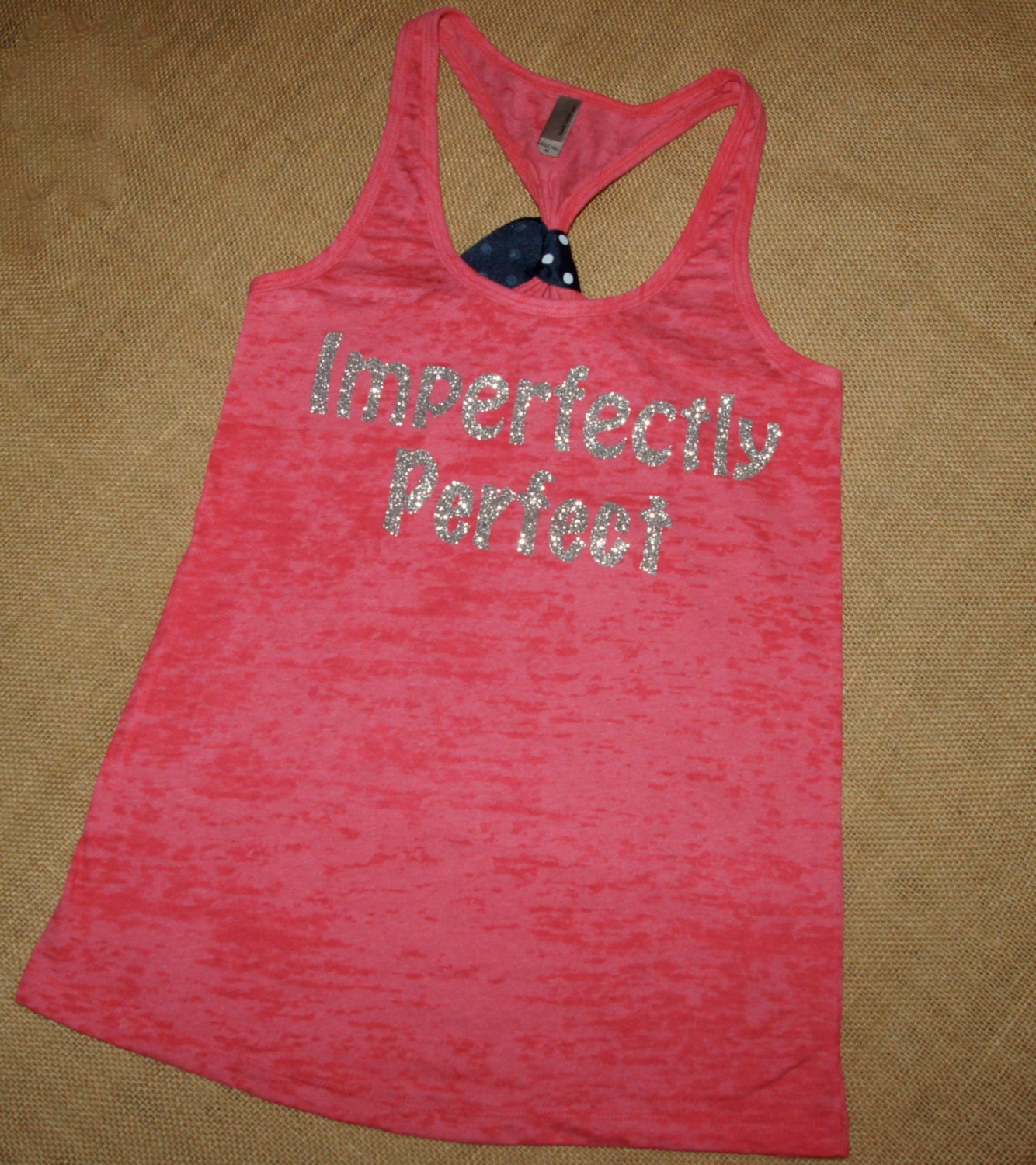 Imperfectly Perfect. Glitter Writing. Bow. Tank. Racerback. Size S-2XL. Burnout. Black. Exercise. Soft. Women. Workout. Fitness.