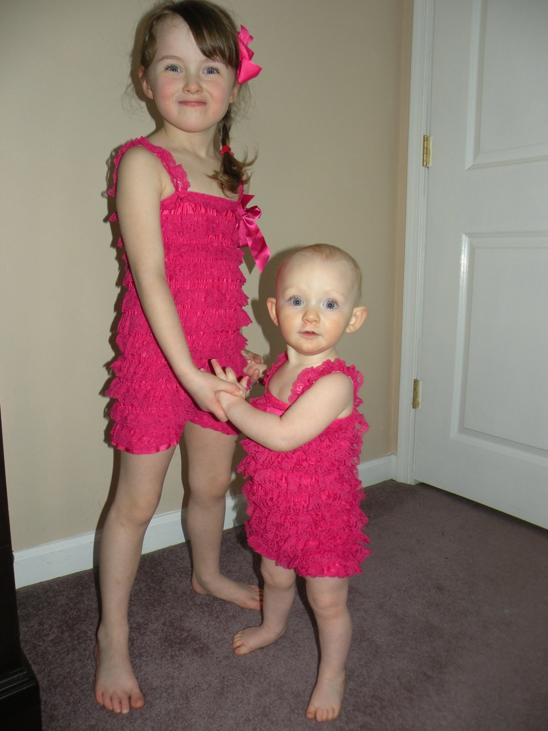 Petti Lace Romper Hot Pink for baby / infant girl Small/ medium/ - Vintage shabby chic look / one piece jumper/ romper newborn-4t