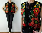 Vintage 1960s Embroidered VELVET Vest Mexican BOHO Floral & Silver STUD