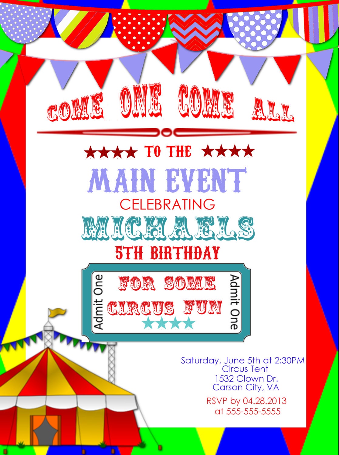 Printable Kids Circus Birthday or Baby Shower Invitation- Party -Girls-Boys-Big Top-DIY