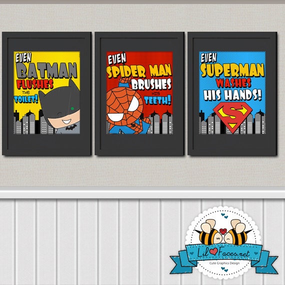 INSTANT DOWNLOAD - Superhero Chores Bathroom Art Prints -  8x10 Digital Art - Printable Art - Kids Art - Superhero Poster- Comics Pop art