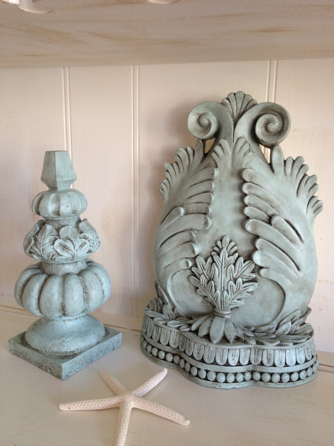 Bookend and Finial Set, Shabby Chic Bookend and Finial Set, Sea Glass Green Antiqued Bookend and Finial Set