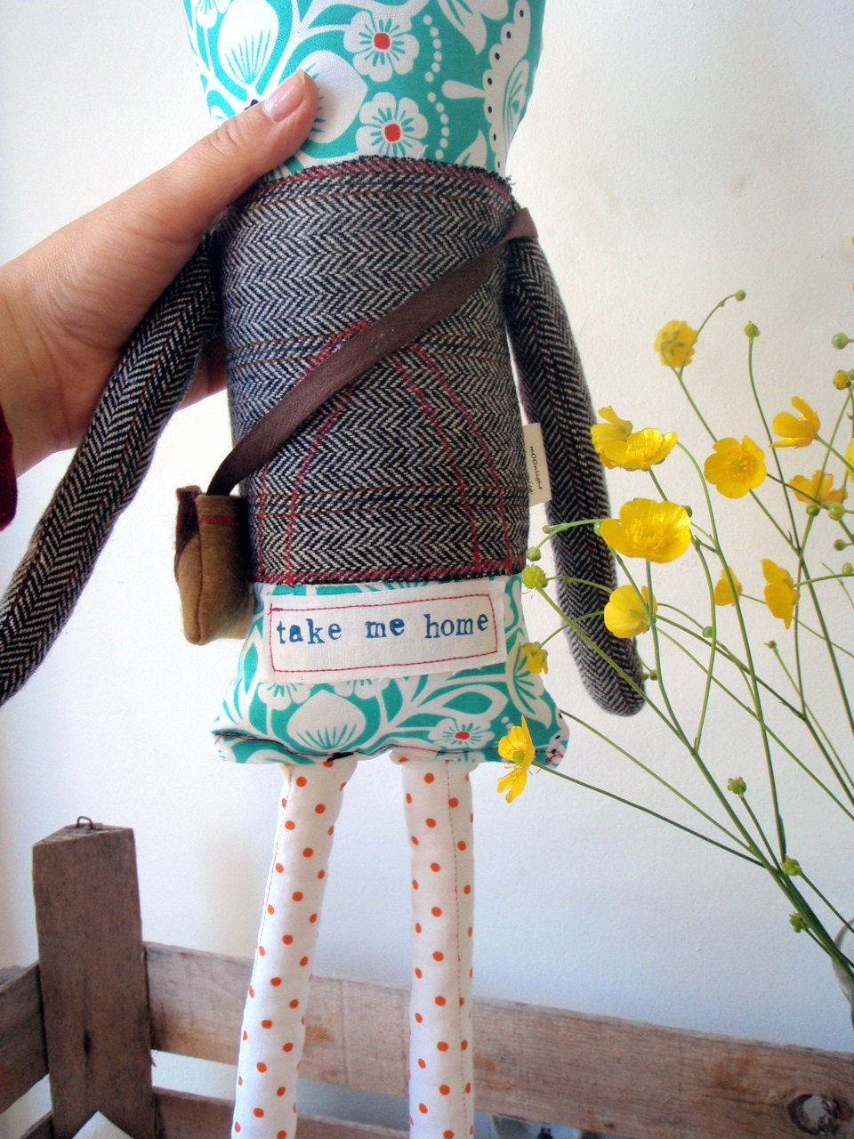 Cat Doll. Vintage look Cat Softie. Unique Soft toy. OOAK. Eco friendly. Text:  take me home