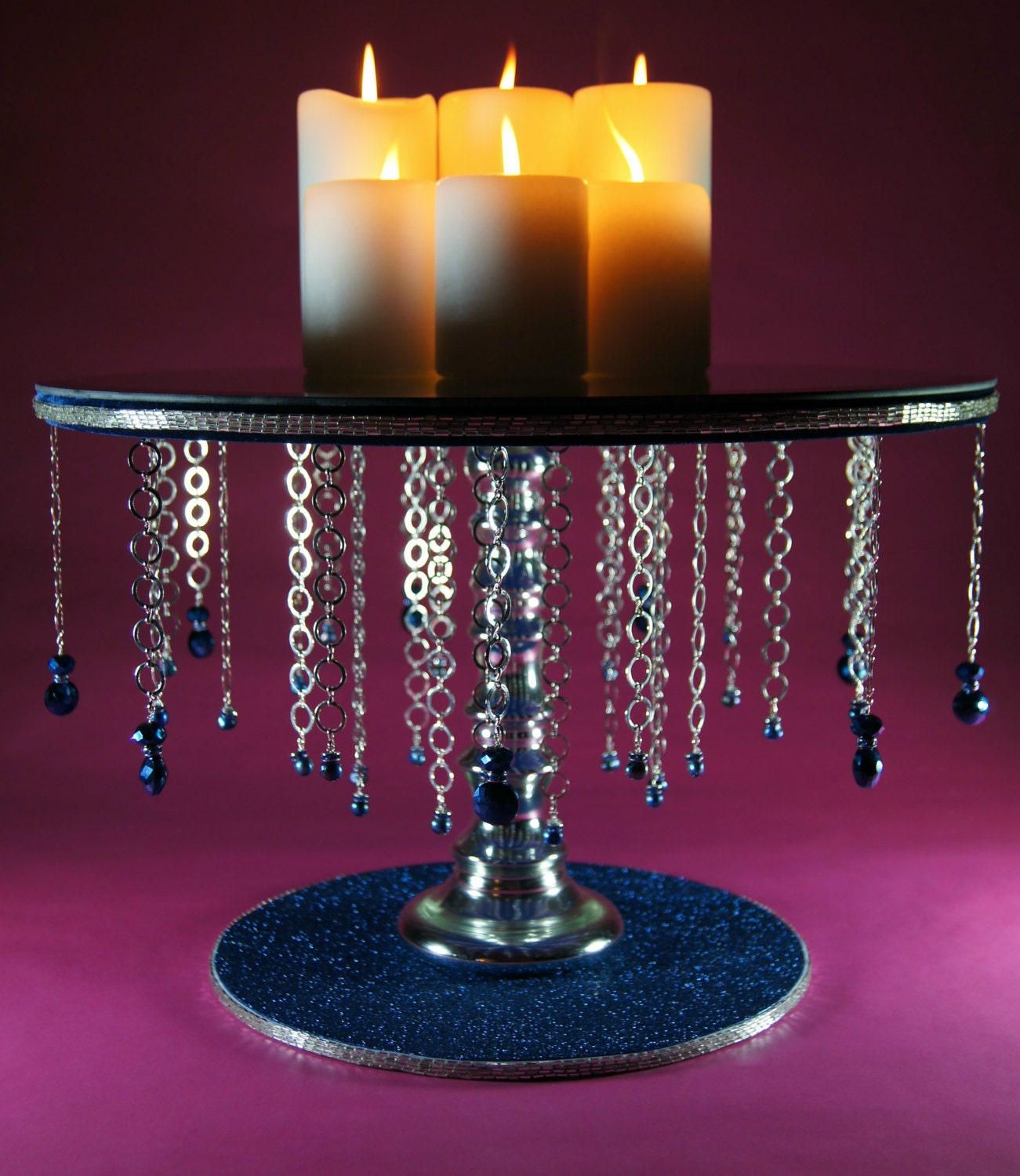 Mignight Blue 18" Round Wedding Cake Stand with Freshwater Pearl Accents