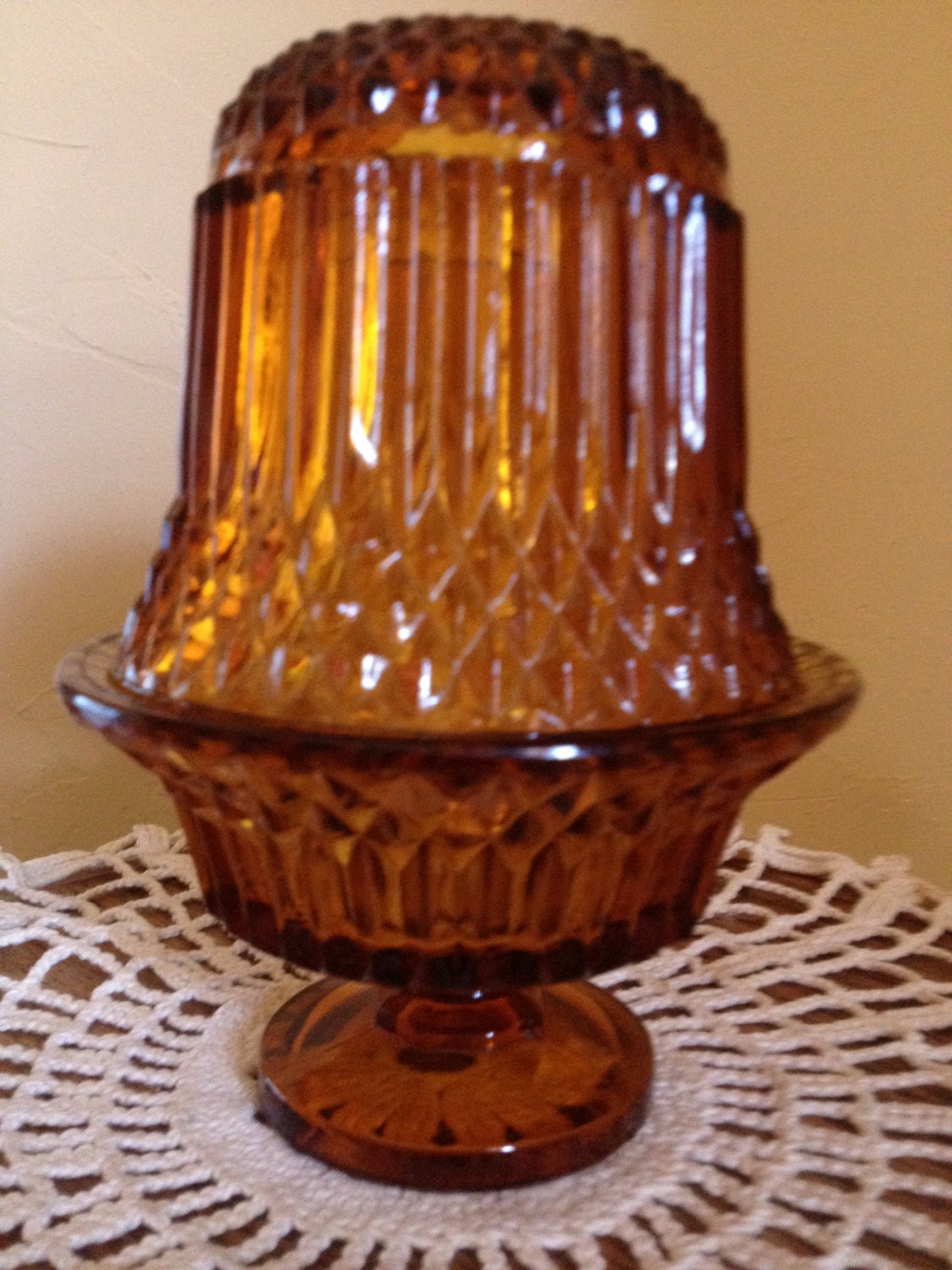 Vintage Viking Glass Co 1980's Fairy Lamp Amber with Diamond Design 7" tall