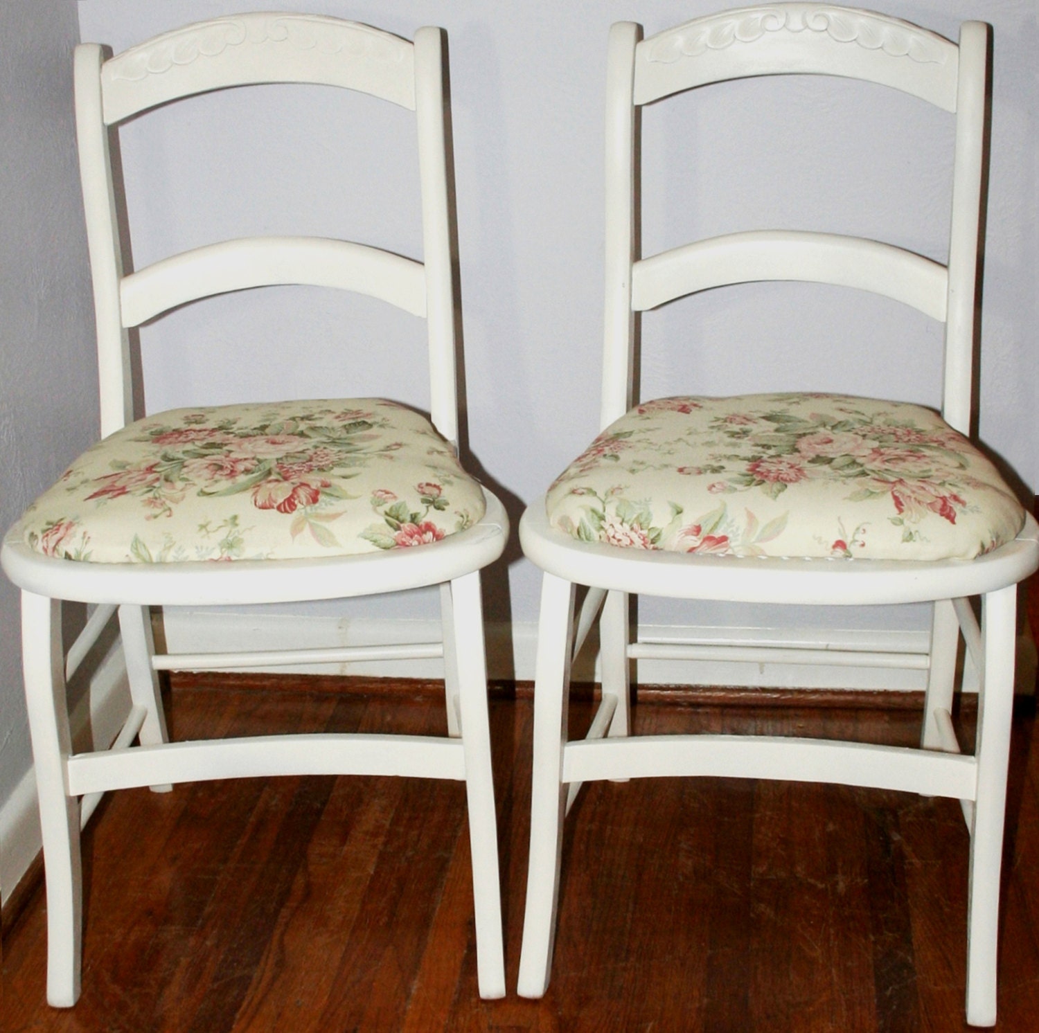 Pair of Antique Hand Painted Ivory Shabby Chic Cottage Chic Carved Wooden Chairs with Ralph Lauren Floral Upholstery (Pair)