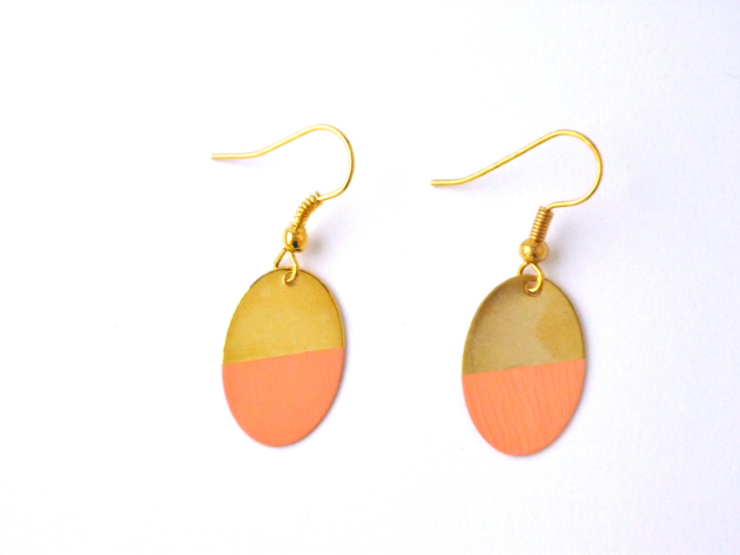 Half dipped earrings- Coral and gold jewelry- Geometric peach pastel modern earrings-