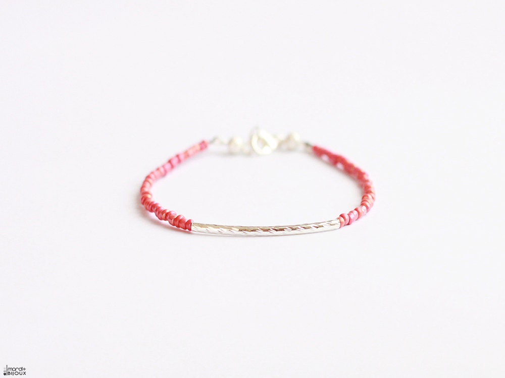 Coral silver beaded bar bracelet - stacking curve tube layering friendship dash bff minimalist simple modern everyday jewelry