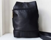 Vintage 80s Nordstrom Black Leather Sling Backpack Rucksack Knapsack Cross Body Purse with Golden Hardware, Shoulder Bag, Punk Grunge Mod