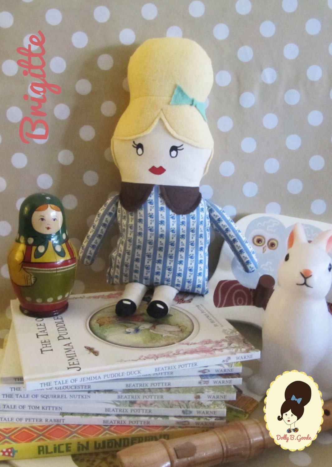 Handmade Vintage-Inspired Fabric Doll with Blonde Beehive - 'Petit' Brigitte Doll - Blue and White Floral Stripe Dress