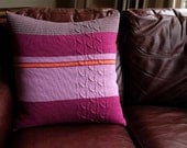 Knitted pure wool cushion cover with stripes and cables