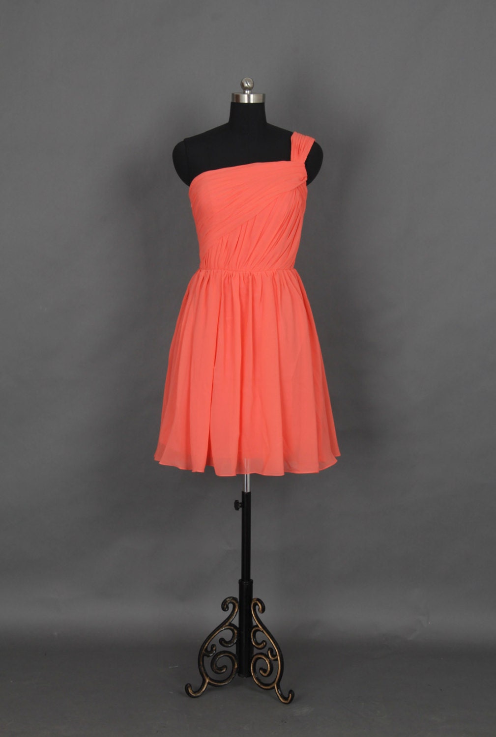 Popular One Shoulder Short Bridesmaid Dress, Coral Chiffon Dress