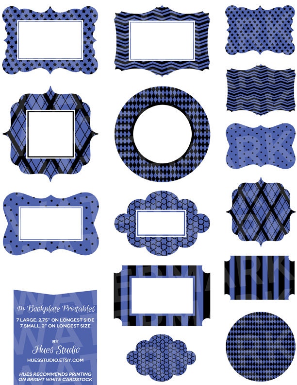 14 Blue and Black Bookplate Printables : Tags / Labels / Cupcake Toppers / Decor / Instant Download - Hues Studio Il_570xn