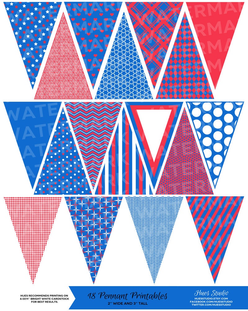 18 Patriotic Red, White, Blue Pennant Banner Printables: Decor / Cake Toppers / Clip Art - Hues Studio Il_570xn