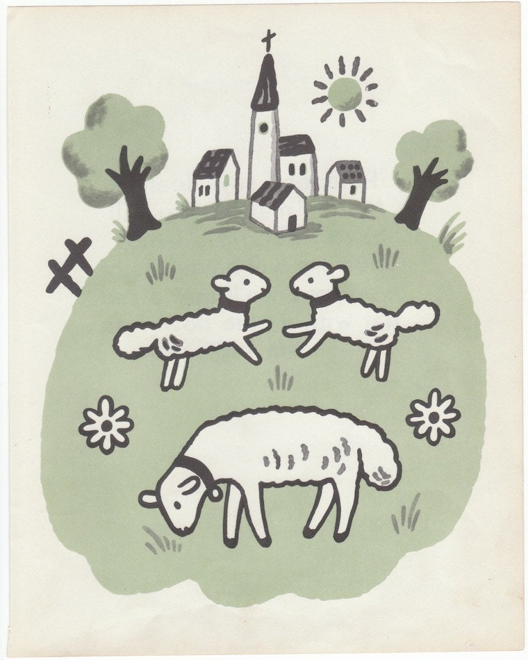 1950s Vintage book print Sheep two lambs from 1951 childrens book by Francoise spring green wall art nursery decor