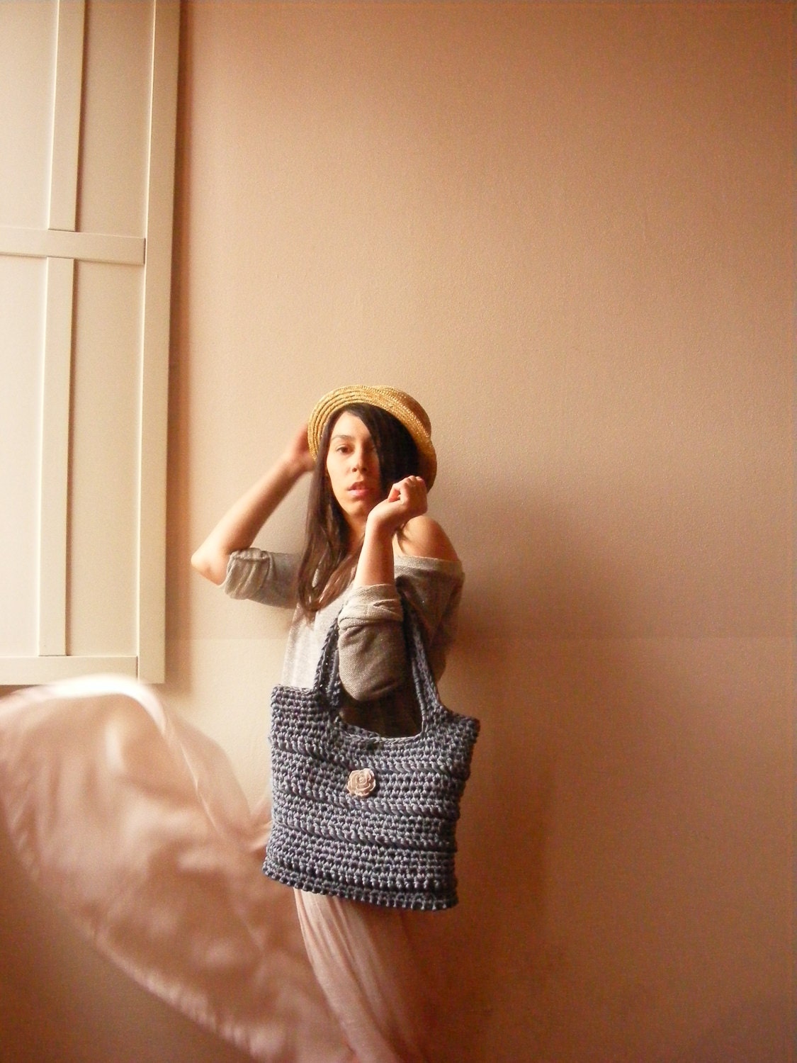 Shabby Chic Leather Base Summer Crochet Hobo Handbag Ceramic Flower Tote