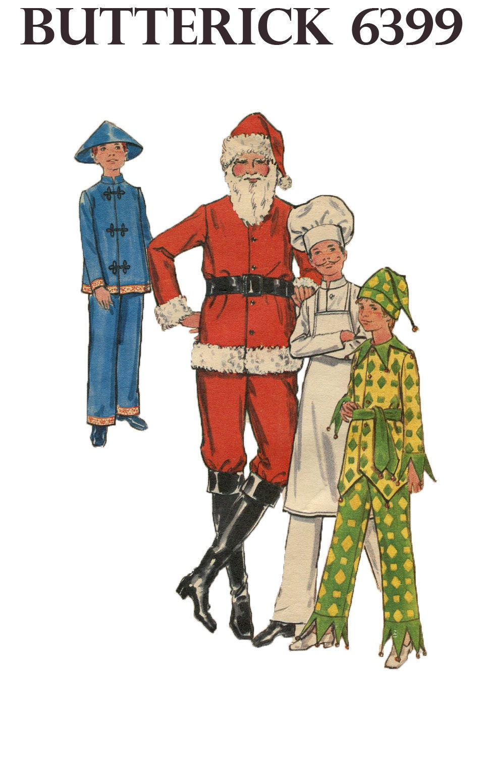 1960s Vintage Halloween or Christmas Costumes: Santa, Cook, Jester, Asian Boy Sewing Pattern- Butterick 6399- Boy Size 8, Chest 27