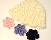 Crochet Baby Girl Flower Hat - Champagne Hat with Interchangeable Flowers - Newborn Photo Prop - Infant Photography Prop - Shabby Chic Style