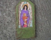 Guardian Angel - Green Rustic Shrine Hand Made of  Old Wood Original Acrylic Painting Art