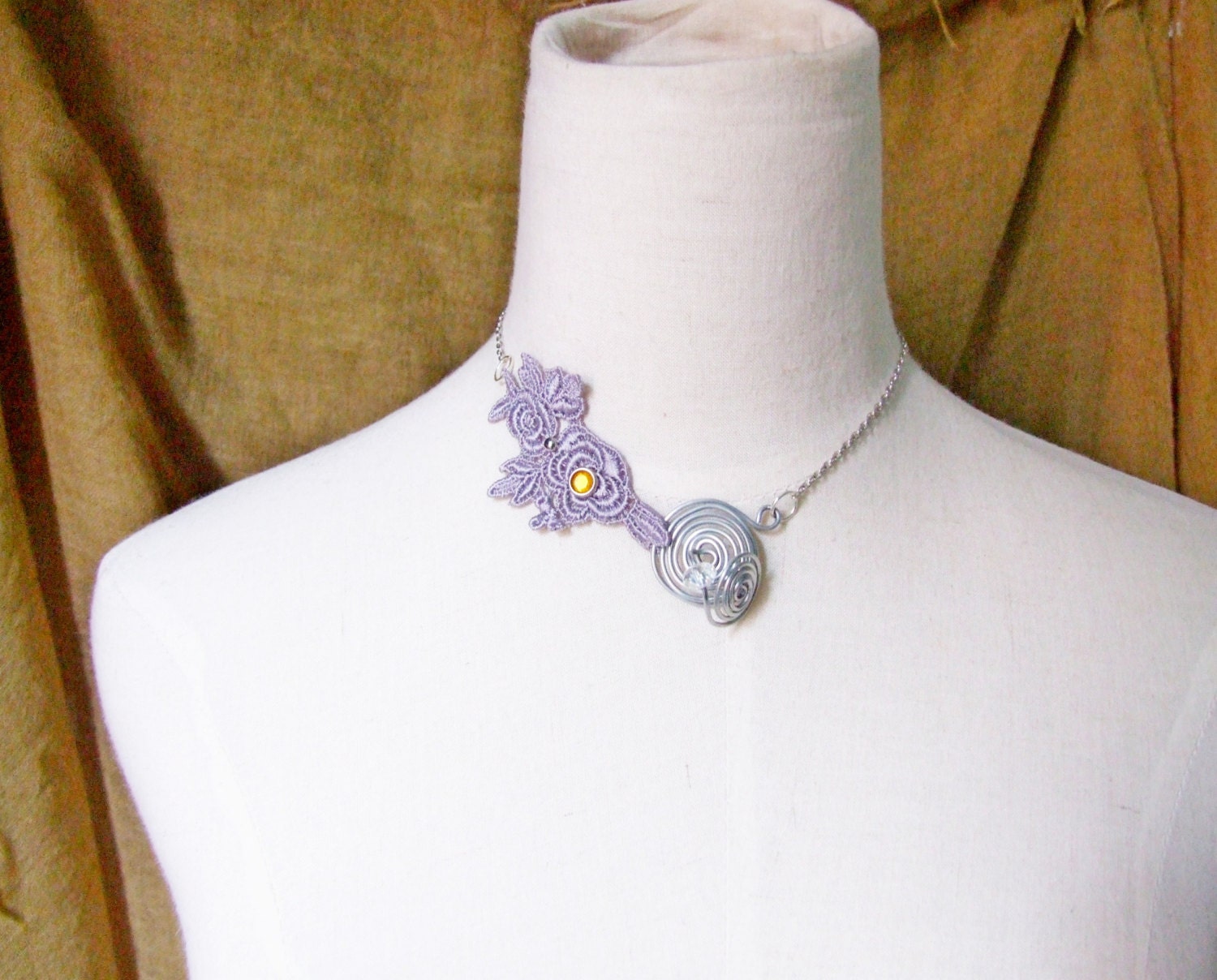 SALE silver grey flower  lace wired charms modern necklace victorian venise handmade jewelry Swarovski crystal  beaded Unique gift