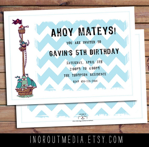 Chevron Birthday Party Invitations — boy birthday invites, pirate theme, party invitations, sailboat nautical invitations
