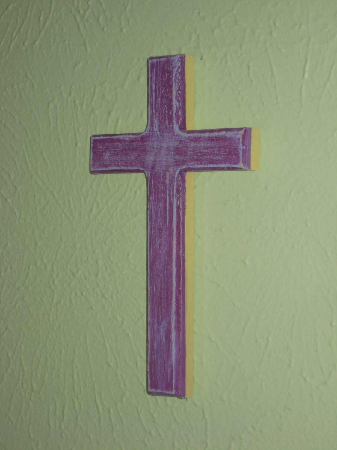 Cute and Funky little Cross for the Nursery- Wooden Cross- Distressed- Purple, blue and yellow