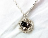 Purple, Gray, and Silver Swarovski Pearl Eggs in a Bird's Nest Necklace with Sterling Silver Wire Wrap