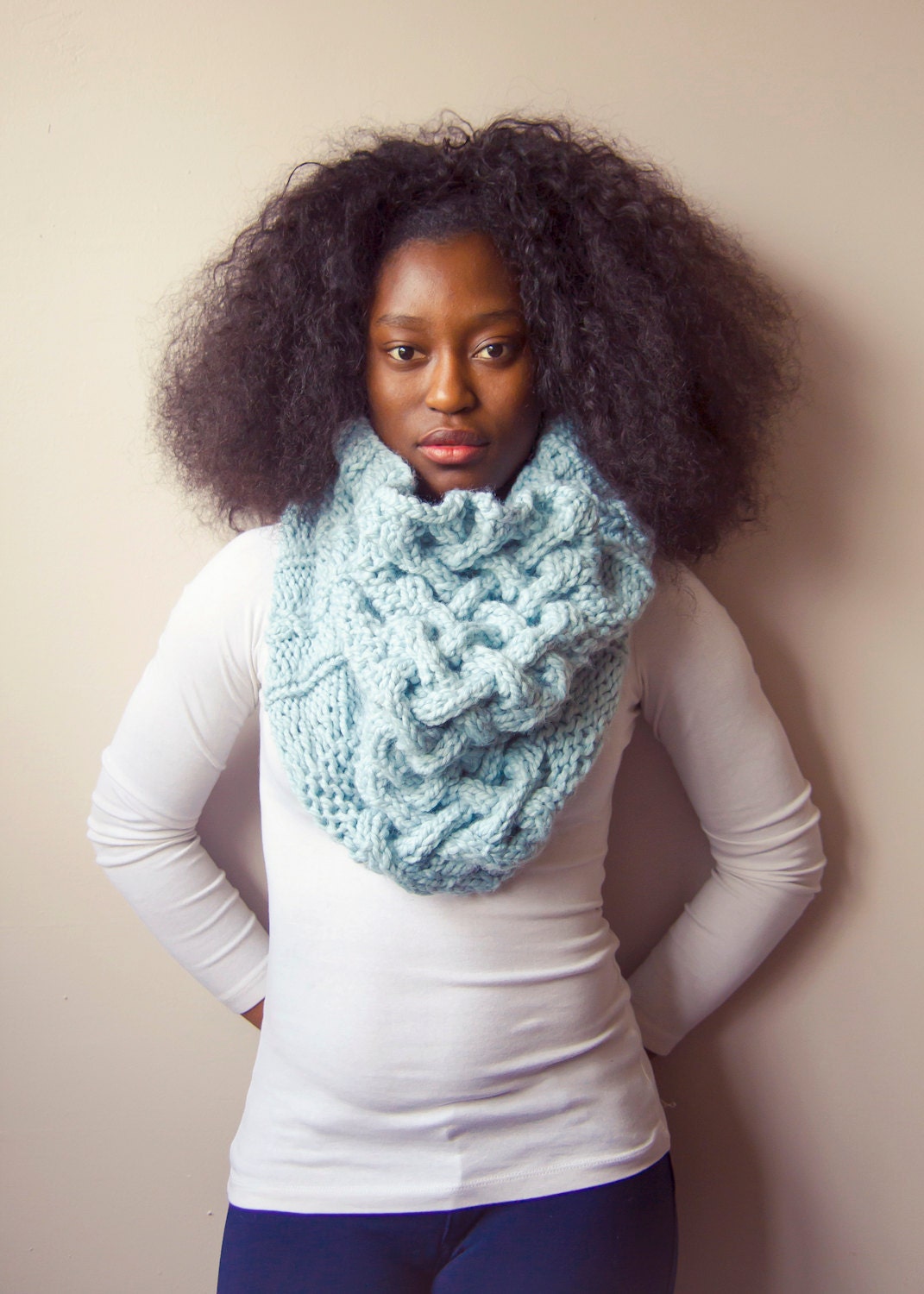 Oversized Cowl, Baby Blue Scarf, Cable Knit Cowl, Chunky Cowl, Hand Knit Infinity Scarf, Light Blue Infinity Scarf, Blue Shawl, - EmbraceTheLamb