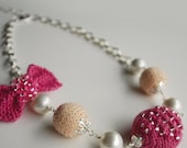 Pink Peach Silver Color Love Short Necklace. Hand Knitted With Beads. Glass Pearls. Chain. PRECIOUS Necklace