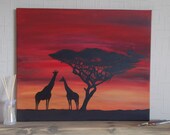Giraffes at Sunrise Original Acrylic Painting Landscape Canvas Dreamy sunset nature self representing artist