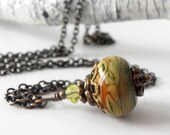 Lampwork Bead Jewelry Glass Bead Pendant Necklace Rustic Style Earthtone Light Green Rust Brown Antiqued Bronze Chain Minimalist Jewelry