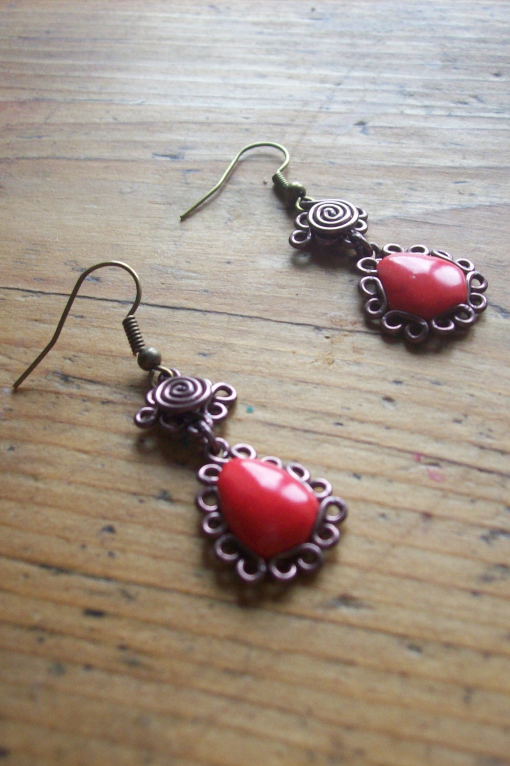 Red tears drop earrings, victorian dangle earrings, wire wrapped earrings