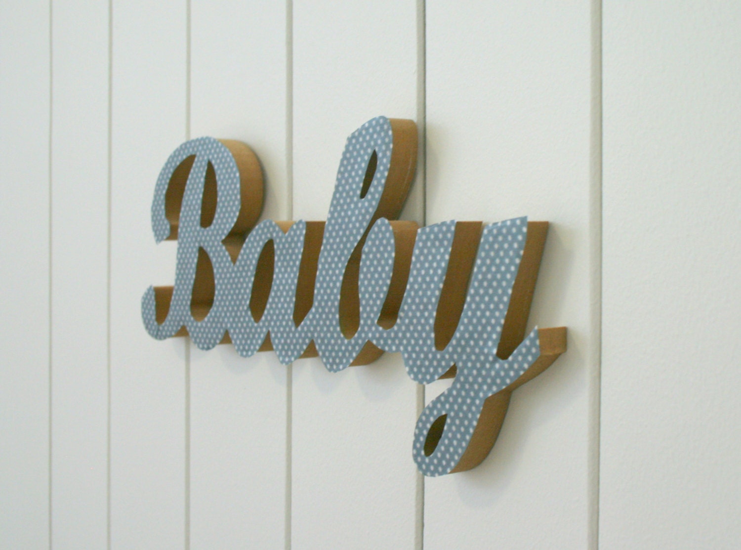 Baby wood word, wall hanging for nursery, baby boys room decor - dotty blue fabric on wood