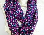Lightweight Soft Chiffon Colorful infinity Scarf with Butterflies, Circle Scarf, Women Accessories, Dark Blue, Pink, White and Light Blue